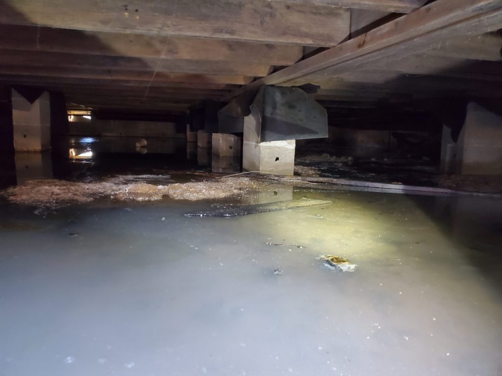 Standing water in a flooded crawl space after a Charleston storm