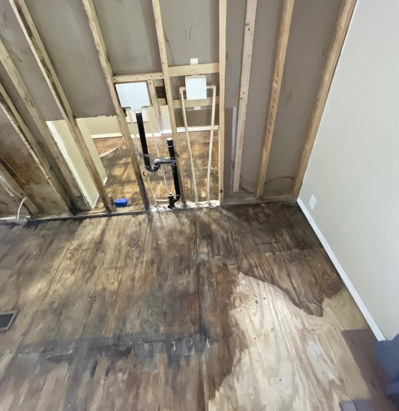 Exposed subfloor and wall studs after water damage extraction in Charleston