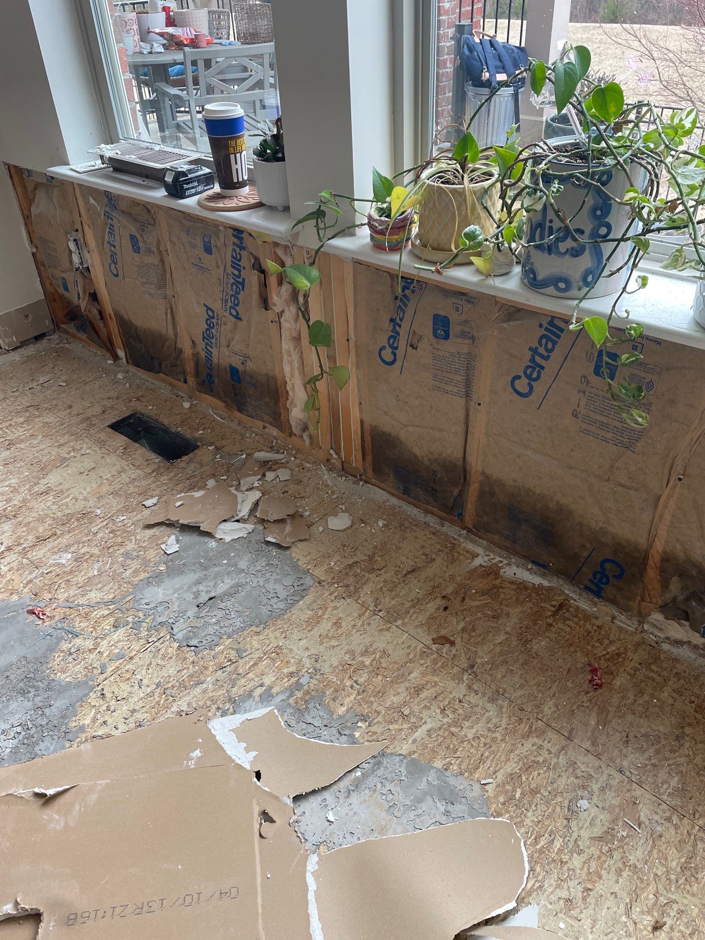Damaged wall insulation and subfloor after storm damage in Charleston